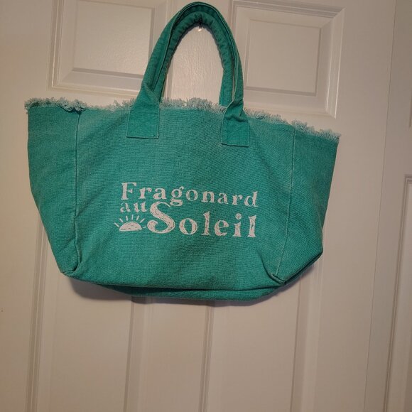 Fragonard Soleil Perfume Canvas Aqua Green Reuseable Tote Hand Bag Frayed - Picture 1 of 7